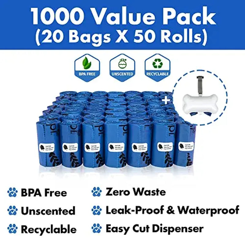 GORILLA SUPPLY Dog Poop Waste Bags with Dispenser and Leash Tie, 9" X 13", Blue, 1000 Count