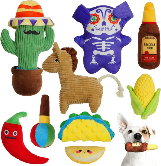 Nocciola Mexican Style Plush Squeaky Dog Toys: 9-In-1 Funny Stuffed Chew Toys for Small Medium Dogs with Durable Soft Fabric, Indoor Interactive Puppy Toys Pet Supplies