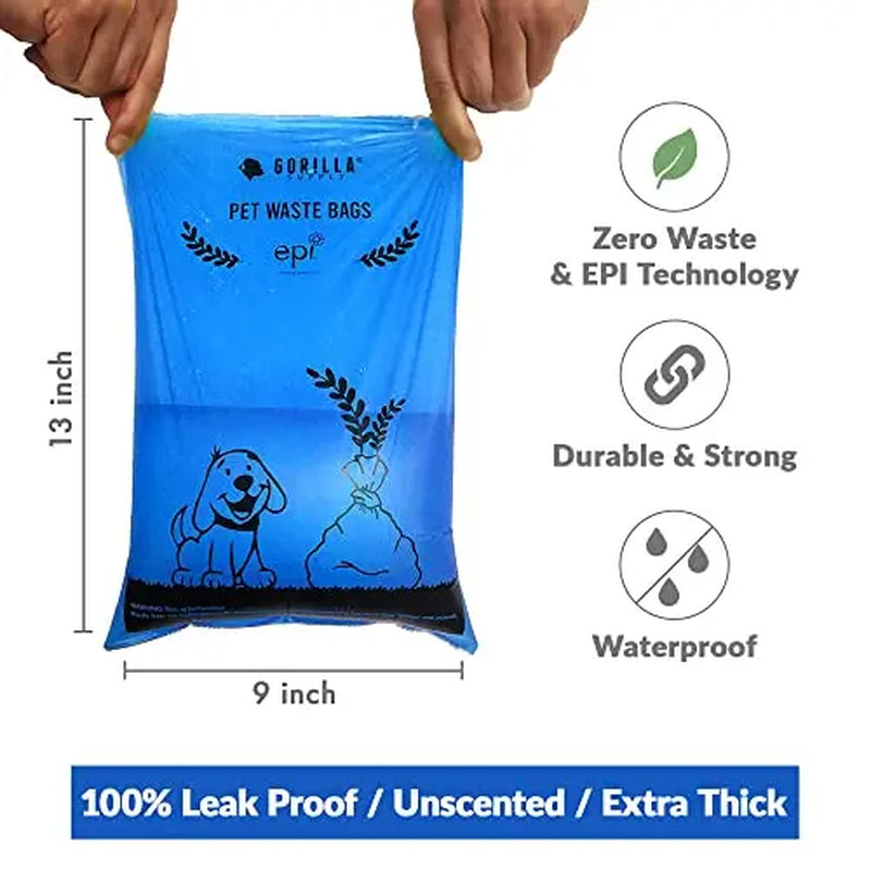 GORILLA SUPPLY Dog Poop Waste Bags with Dispenser and Leash Tie, 9" X 13", Blue, 1000 Count