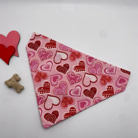 Patterned Pink Hearts Valentines Day Dog Bandana over the Collar