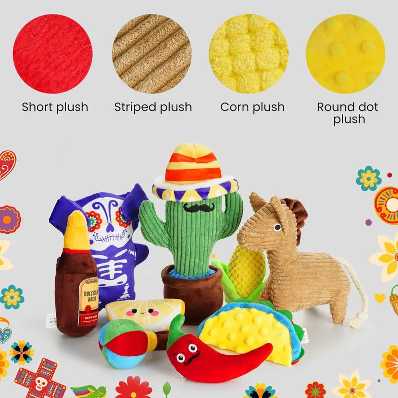 Nocciola Mexican Style Plush Squeaky Dog Toys: 9-In-1 Funny Stuffed Chew Toys for Small Medium Dogs with Durable Soft Fabric, Indoor Interactive Puppy Toys Pet Supplies